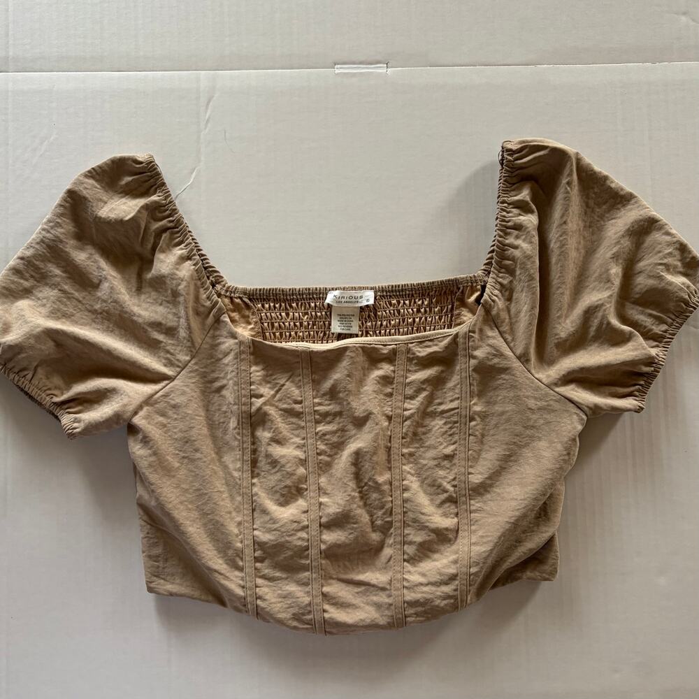 KIRIOUS Taupe Corset Crop Top Puff Sleeves XL Cottagecore Coquette Y2K Milkmaid